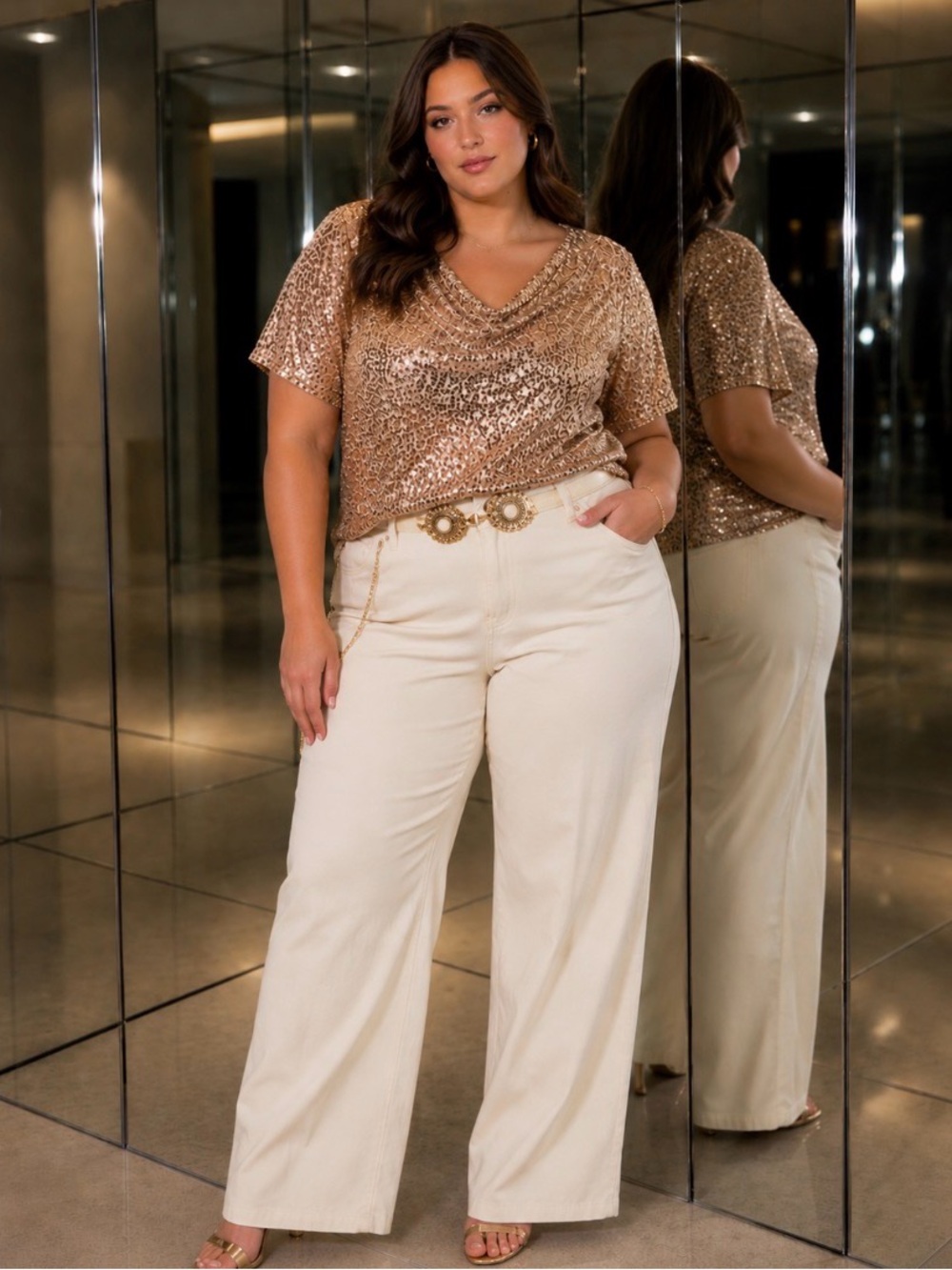ANNA-KACI Rose Gold Sequin Short Sleeve Top